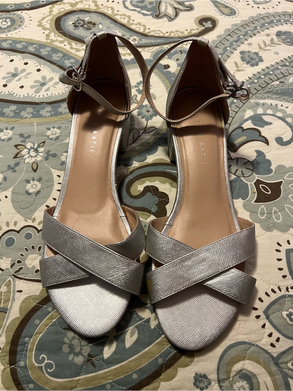 Kelly & Katie Silver Crisscross Ankle Strap Block Heels